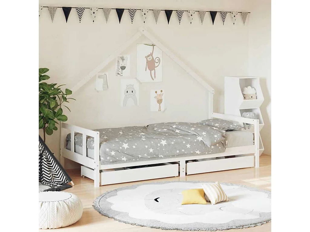 Cadre de lit enfant tiroirs blanc 90x200 cm bois de pin massif