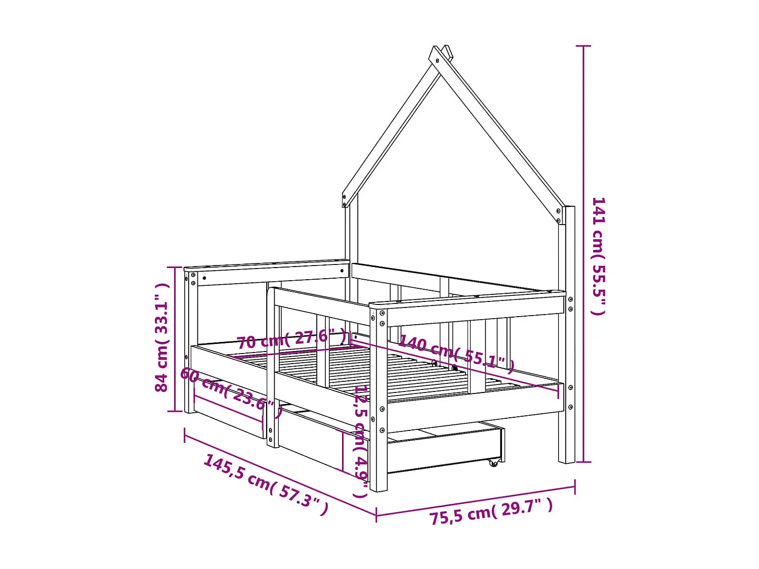 Estructura de cama para niños con cajones madera pino 70x140 cm
