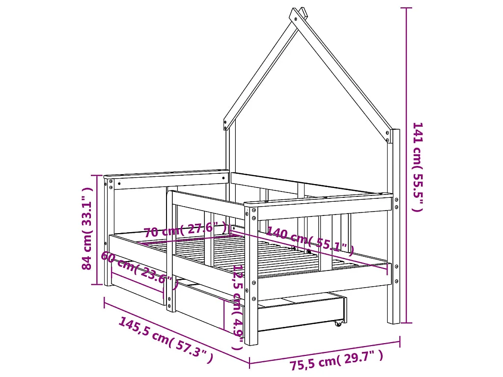 Cadre de lit enfant avec tiroirs 70x140 cm bois de pin massif