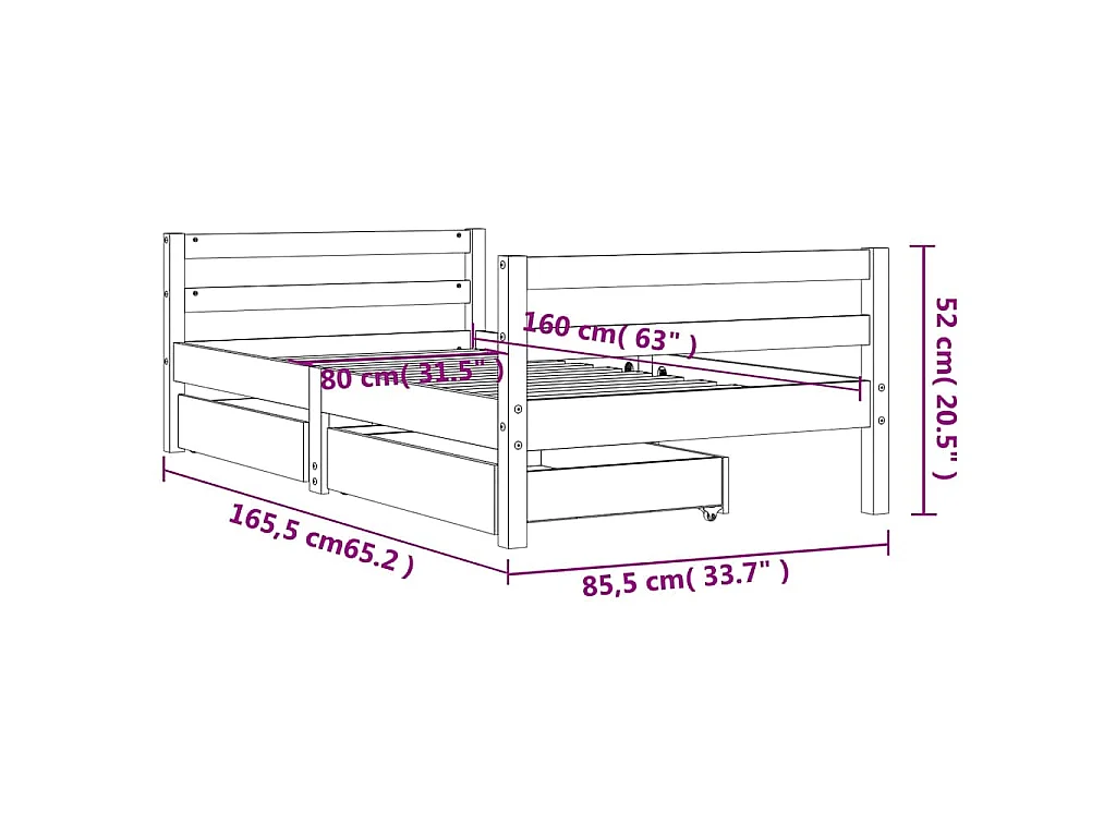 Cadre de lit pour enfant tiroirs blanc 80x160cm bois pin massif