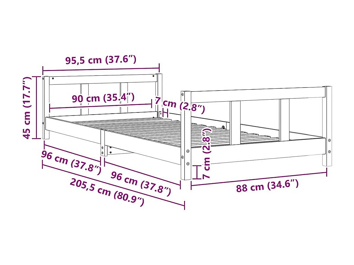 Cadre de lit pour enfants blanc 90x200 cm bois de pin massif