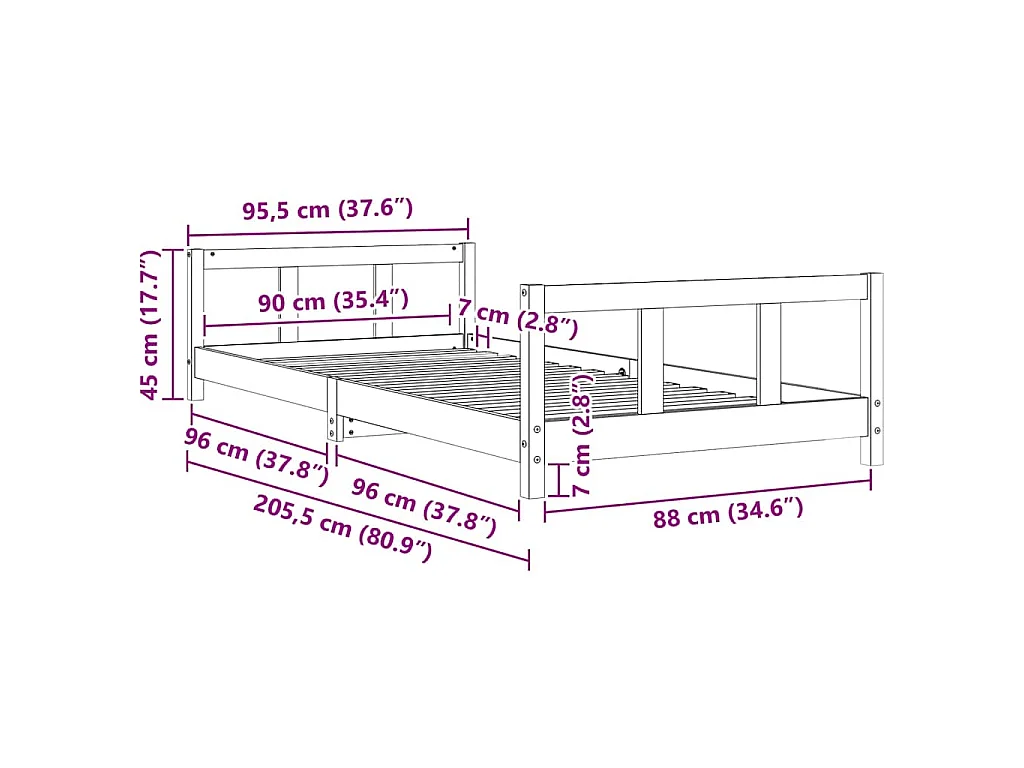 Cadre de lit pour enfants blanc 90x200 cm bois de pin massif