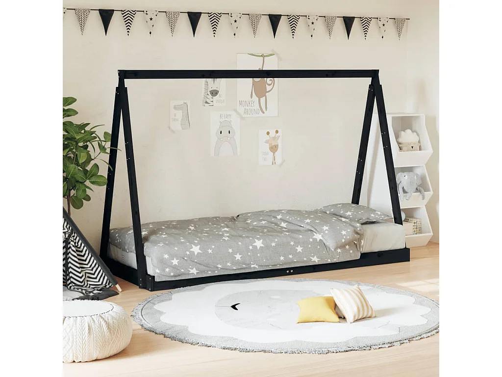 Giroletto per Bambini Nero 80x200 cm in Legno Massello di Pino