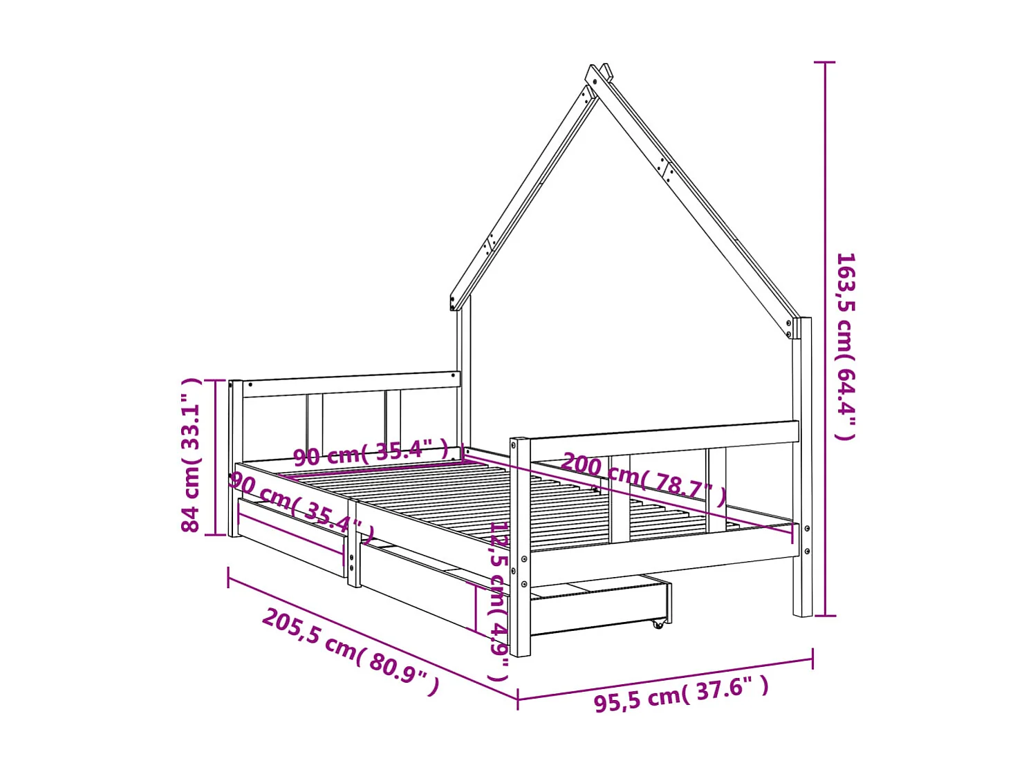 Cadre de lit enfant avec tiroirs noir 90x200 cm bois pin massif