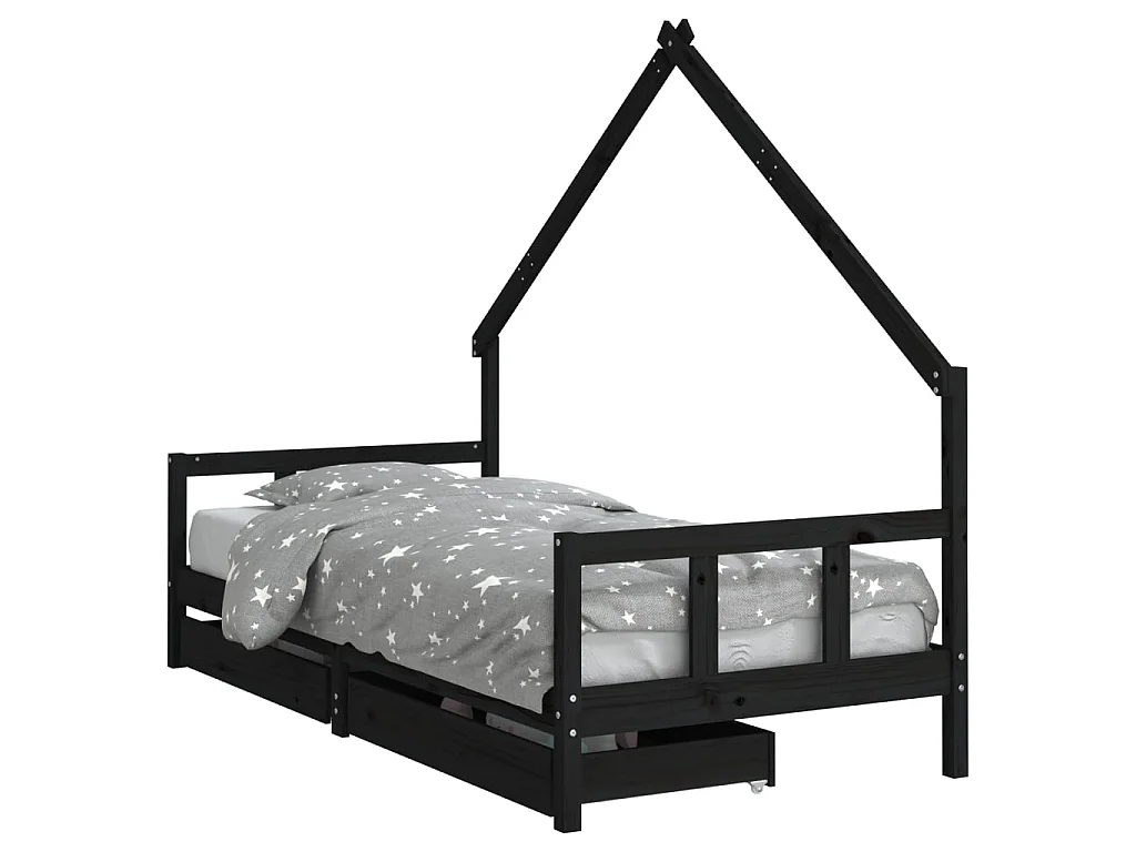 Cadre de lit enfant avec tiroirs noir 90x200 cm bois pin massif