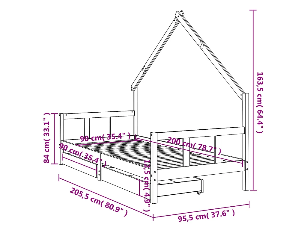 Cadre de lit enfant avec tiroirs noir 90x200 cm bois pin massif