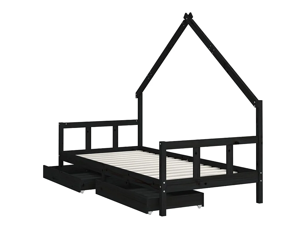 Cadre de lit enfant avec tiroirs noir 90x200 cm bois pin massif