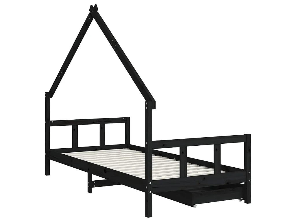 Cadre de lit enfant avec tiroirs noir 90x200 cm bois pin massif