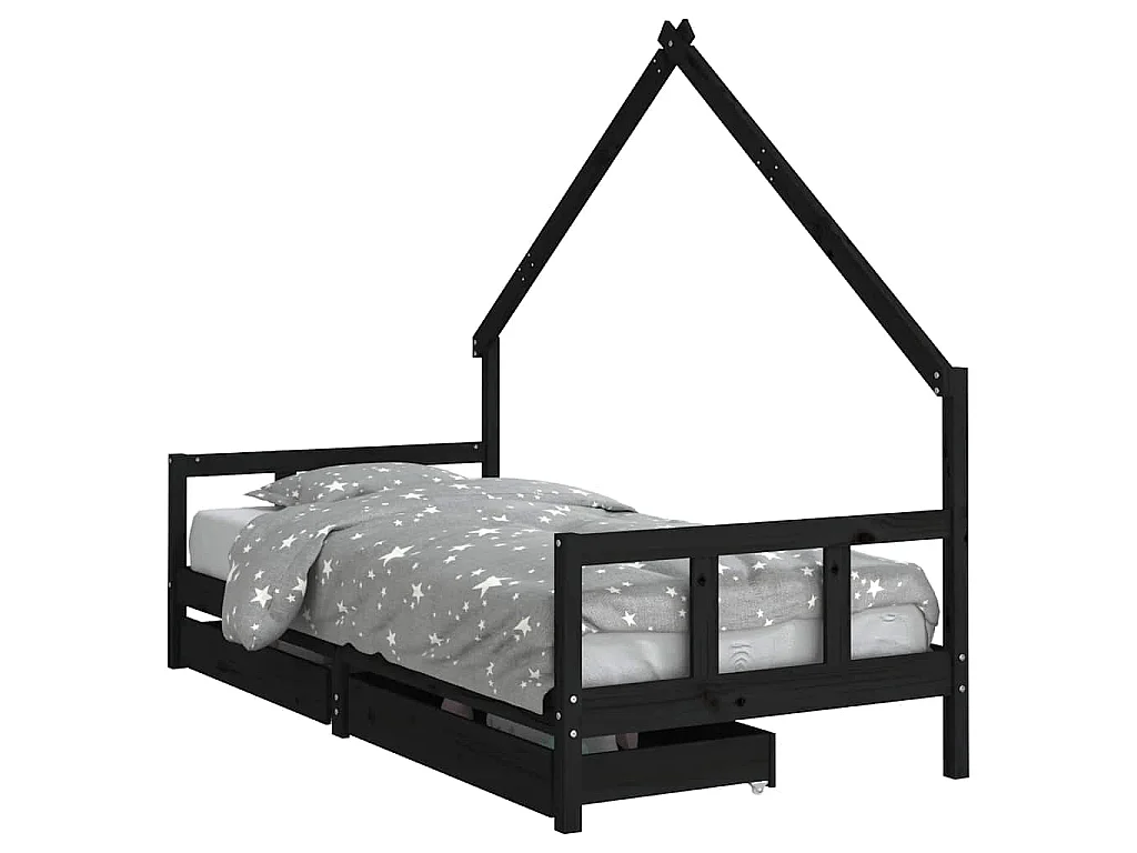 Cadre de lit enfant avec tiroirs noir 90x200 cm bois pin massif