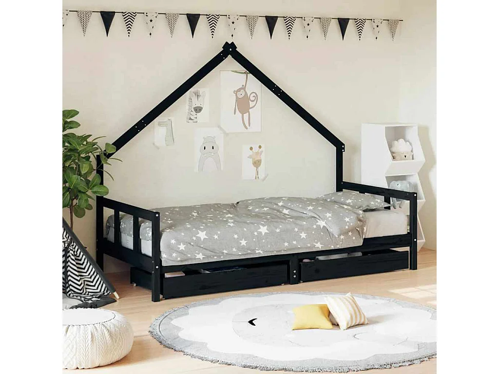 Cadre de lit enfant avec tiroirs noir 90x200 cm bois pin massif