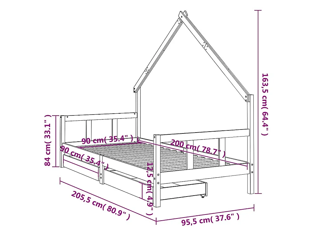 Cadre de lit enfant avec tiroirs noir 90x200 cm bois pin massif