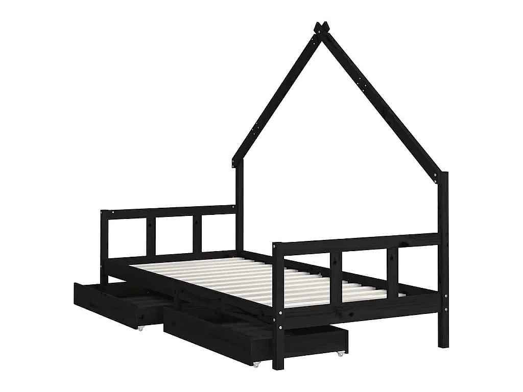 Cadre de lit enfant avec tiroirs noir 90x200 cm bois pin massif