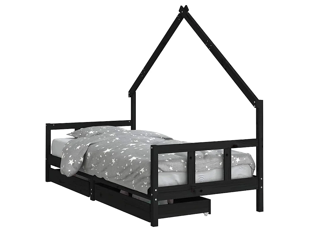 Cadre de lit enfant avec tiroirs noir 90x200 cm bois pin massif