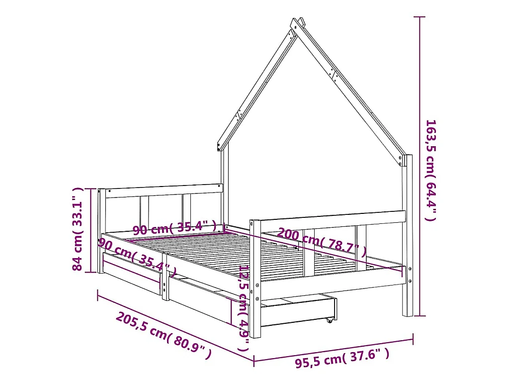 Cadre de lit enfant avec tiroirs noir 90x200 cm bois pin massif