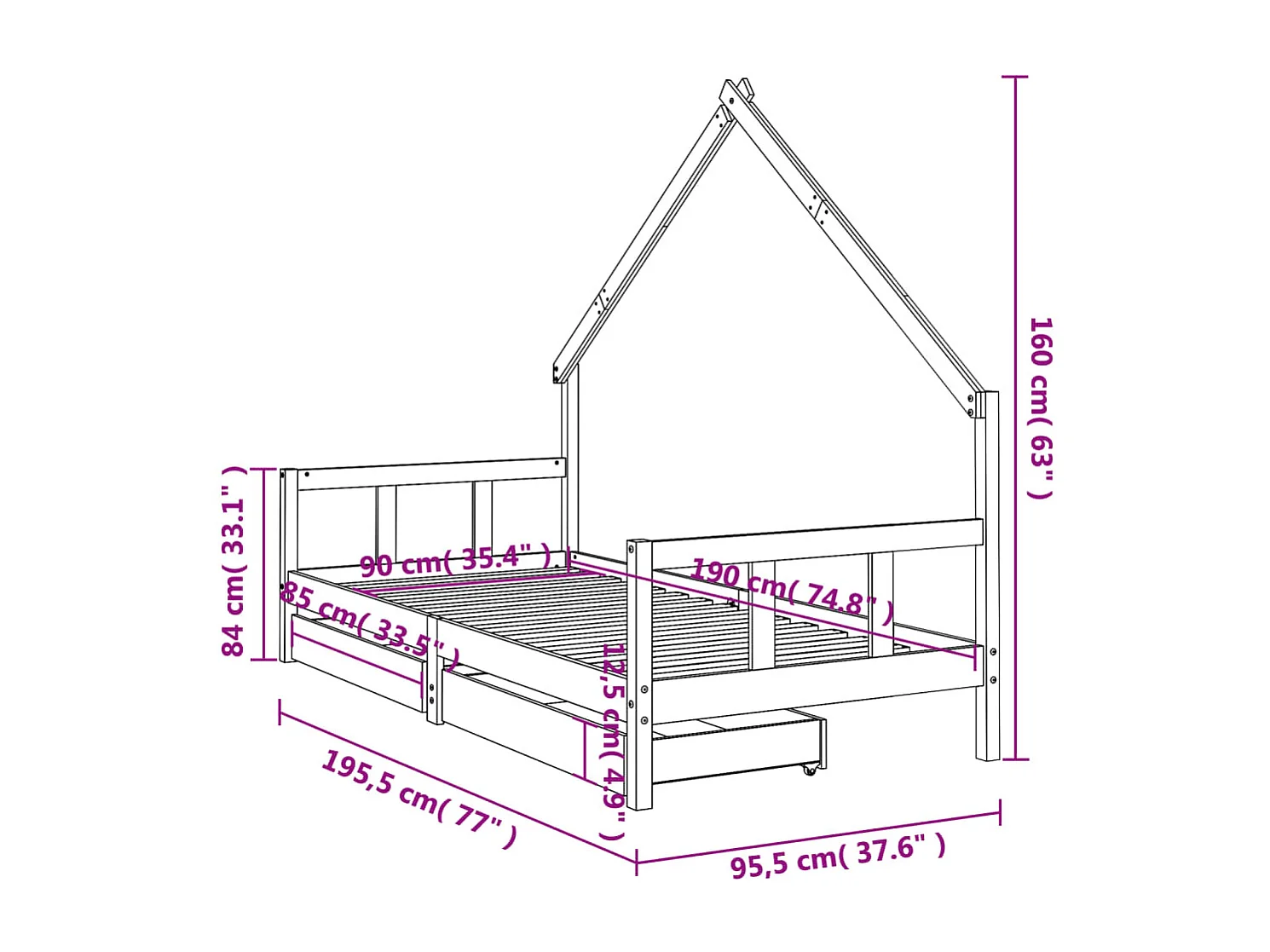 Kinderbett mit Schubladen Schwarz 90x190 cm Massivholz Kiefer