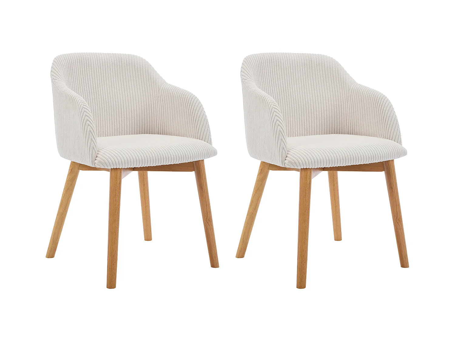 Sedia con braccioli in Velluto a coste e Legno di hevea Panna - Lotto di 2 - JELISA