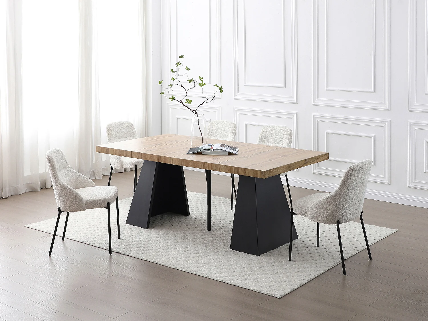 Table à manger extensible 4 à 10 personnes en MDF et métal - Naturel et noir - EMELIA