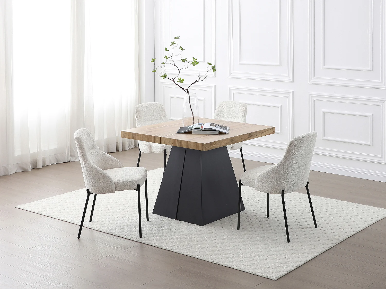 Table à manger extensible 4 à 10 personnes en MDF et métal - Naturel et noir - EMELIA
