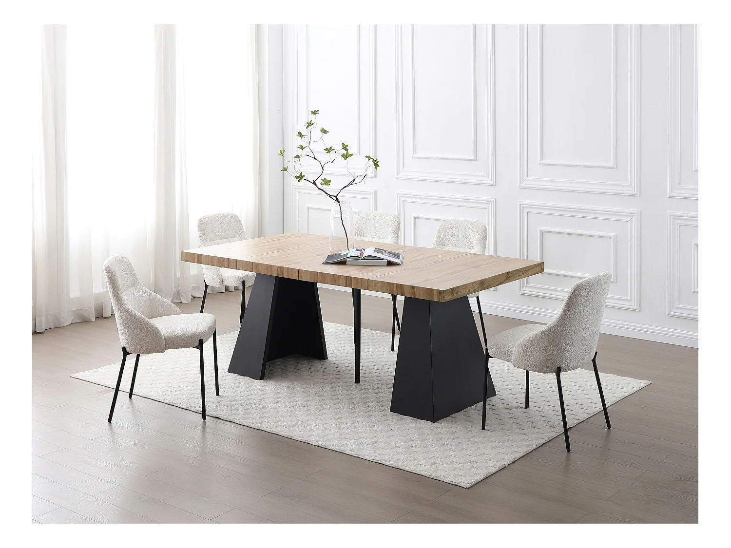 Mesa de comedor extensible de 4 a 10 personas en MDF y metal - Natural y negro - EMELIA