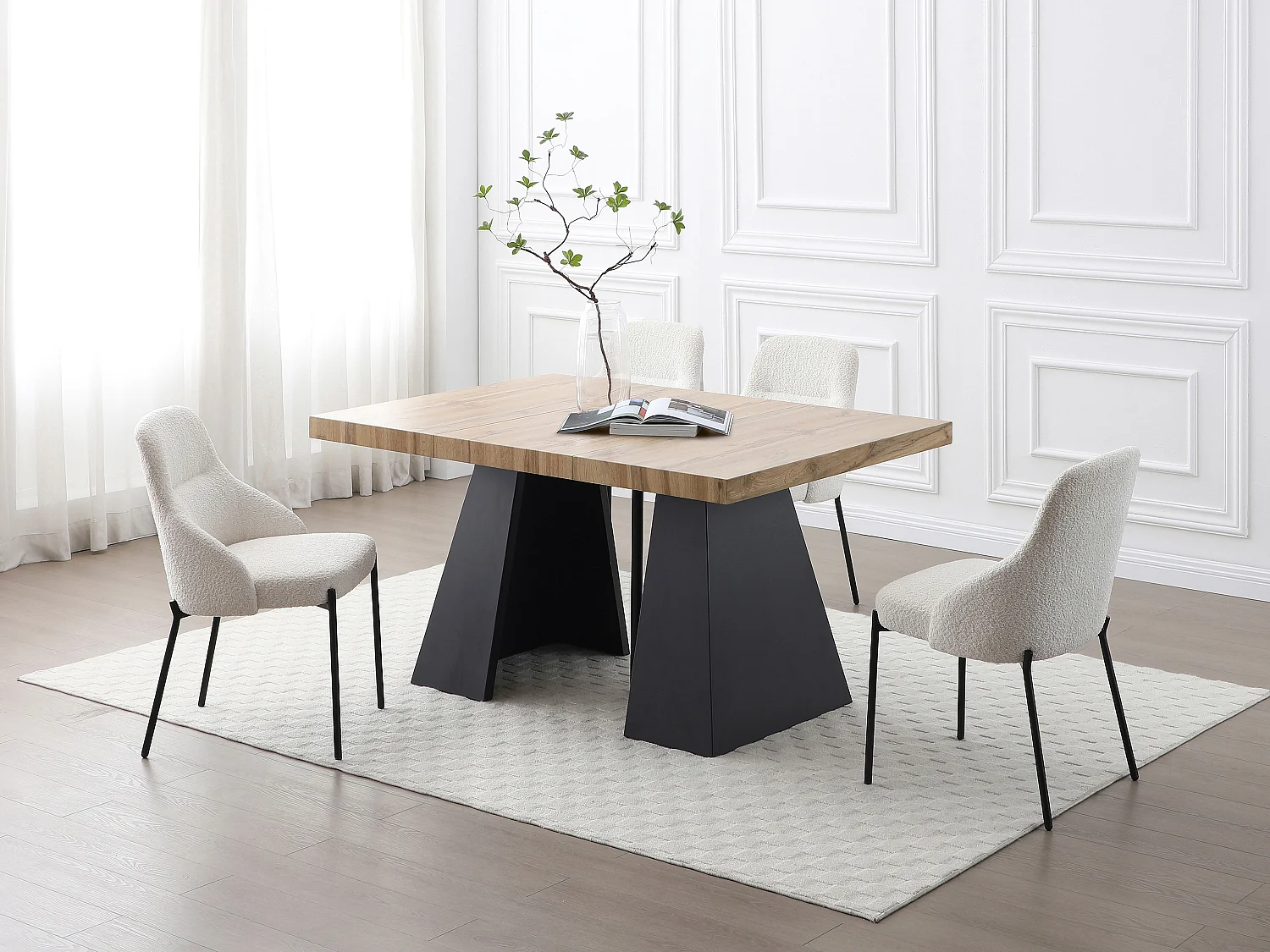 Mesa de comedor extensible de 4 a 10 personas en MDF y metal - Natural y negro - EMELIA