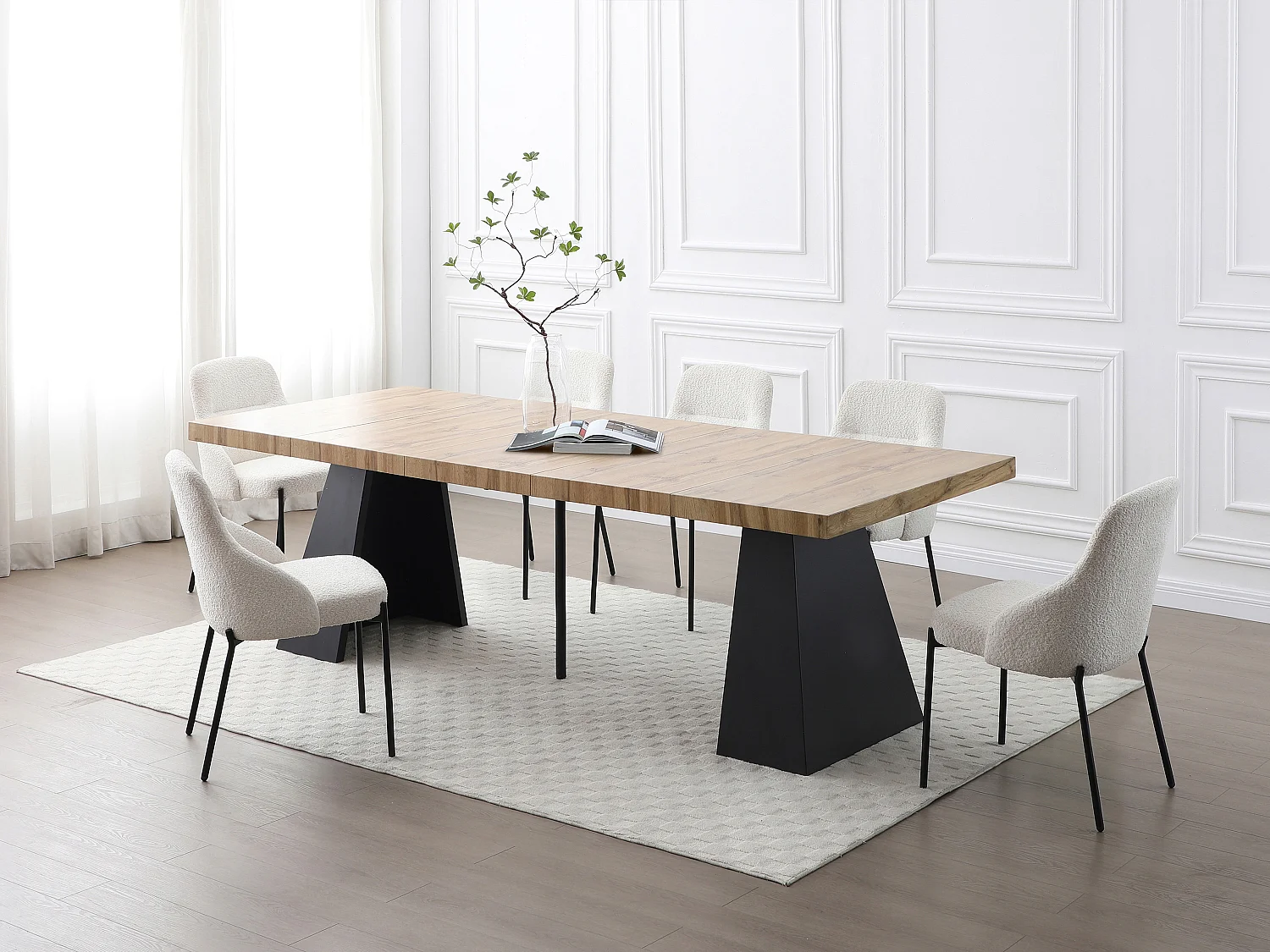Mesa de comedor extensible de 4 a 10 personas en MDF y metal - Natural y negro - EMELIA