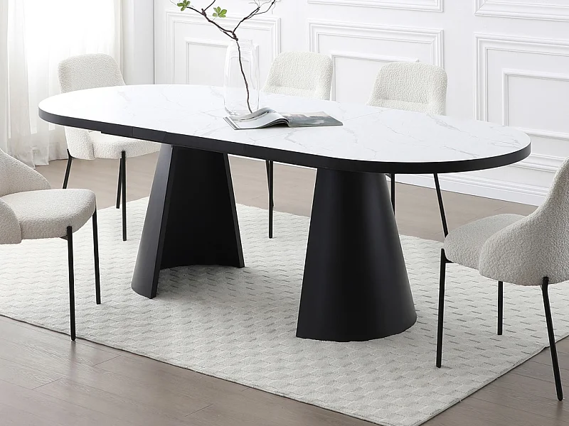 Table à manger extensible 6 à 10 personnes en MDF et métal - Effet marbre blanc et Noir - KORIZEA
