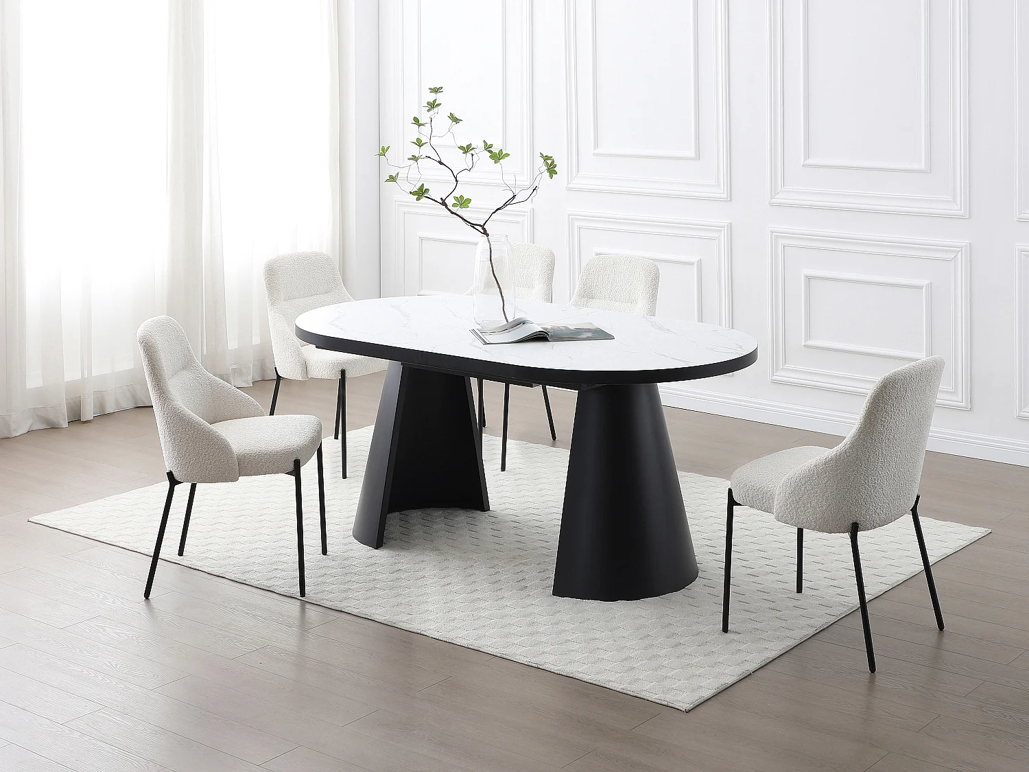 Table à manger extensible 6 à 10 personnes en MDF et métal - Effet marbre blanc et Noir - KORIZEA
