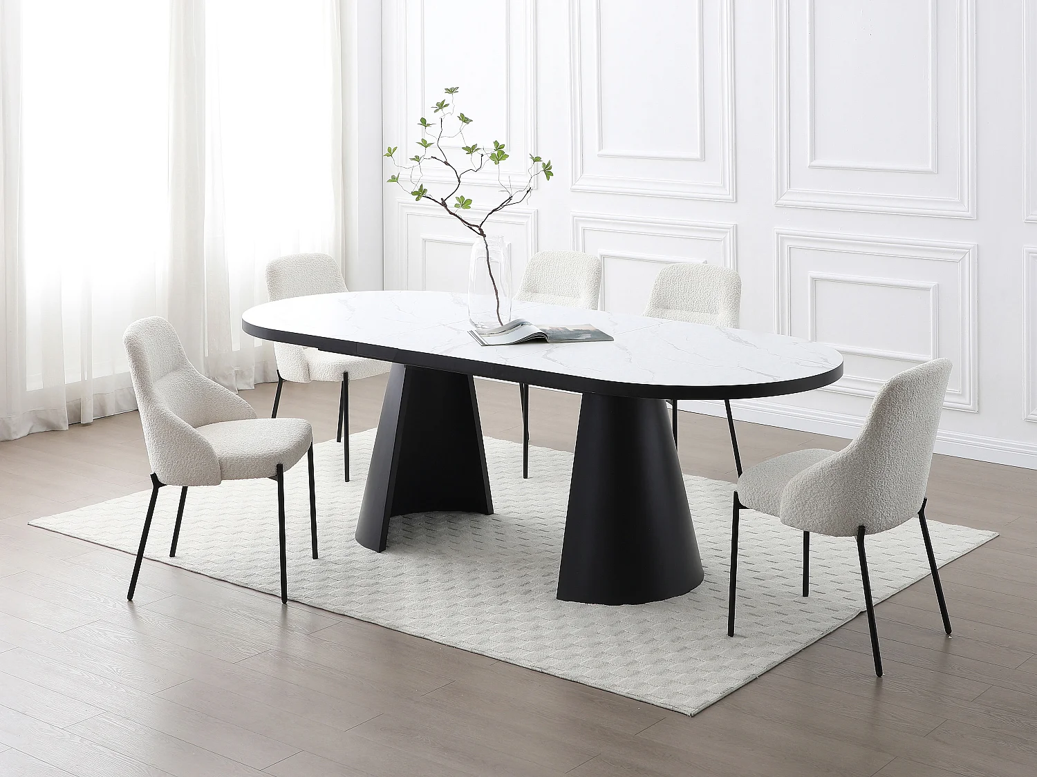 Tavolo da pranzo allungabile da 6 a 10 persone in MDF e Metallo Effetto marmo Bianco e Nero  - KORIZEA