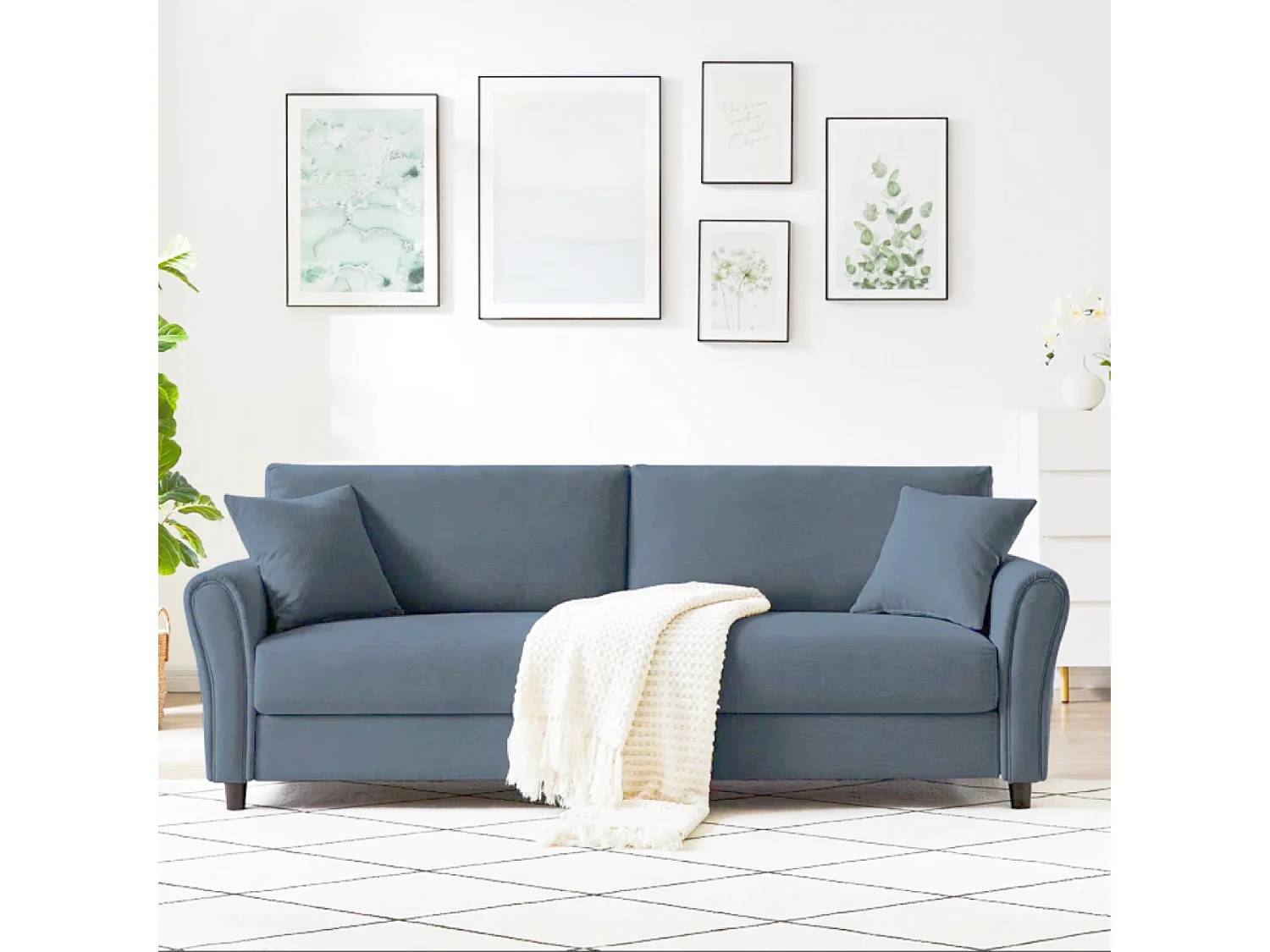 Divano dritto  a 4 posti in tessuto azzurro LUCERNE