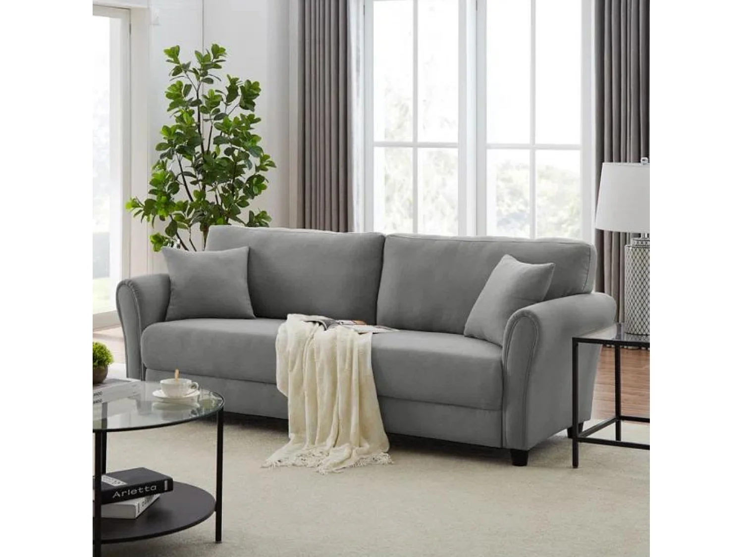 Divano dritto a 4 posti in tessuto grigio chiaro LUCERNE