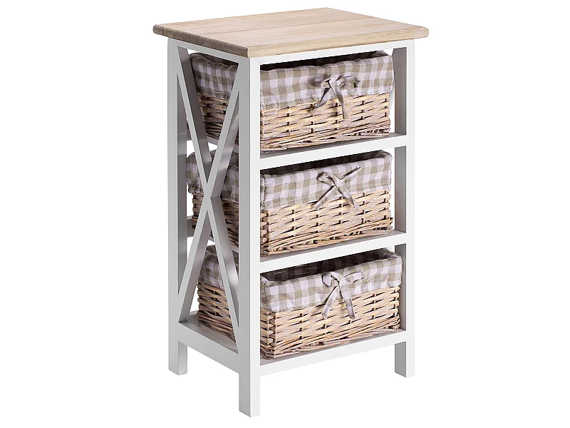 Table de chevet PERUGIA table de nuit 3 paniers en bois de paulownia style shabby chic vintage rustique campagnard blanc et brun