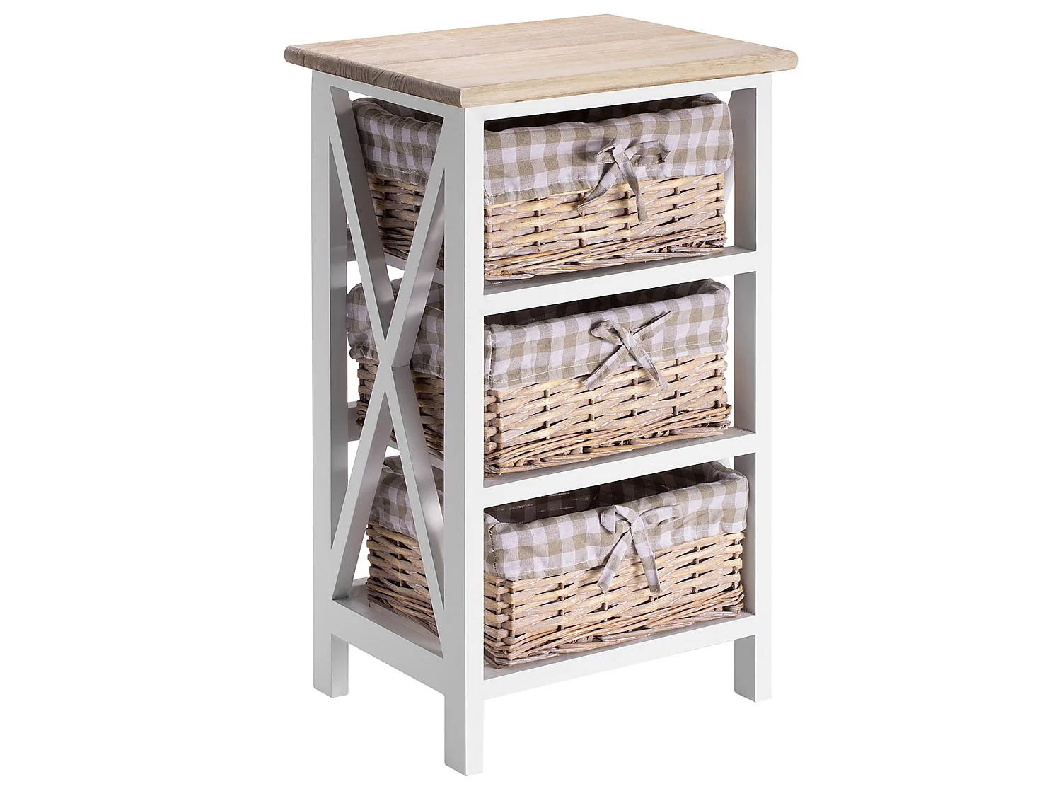 Table de chevet PERUGIA table de nuit 3 paniers en bois de paulownia style shabby chic vintage rustique campagnard blanc et brun