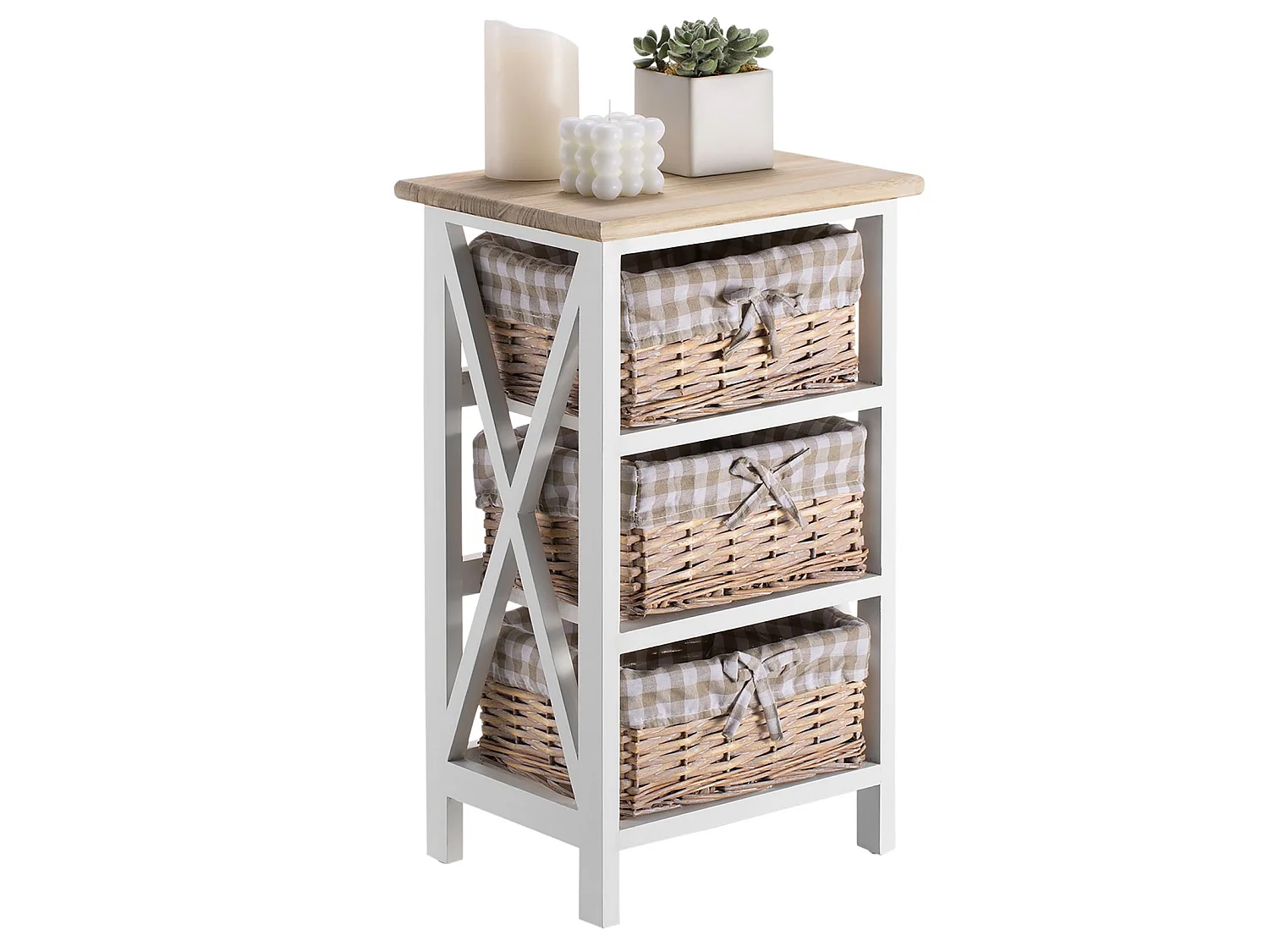 Table de chevet PERUGIA table de nuit 3 paniers en bois de paulownia style shabby chic vintage rustique campagnard blanc et brun