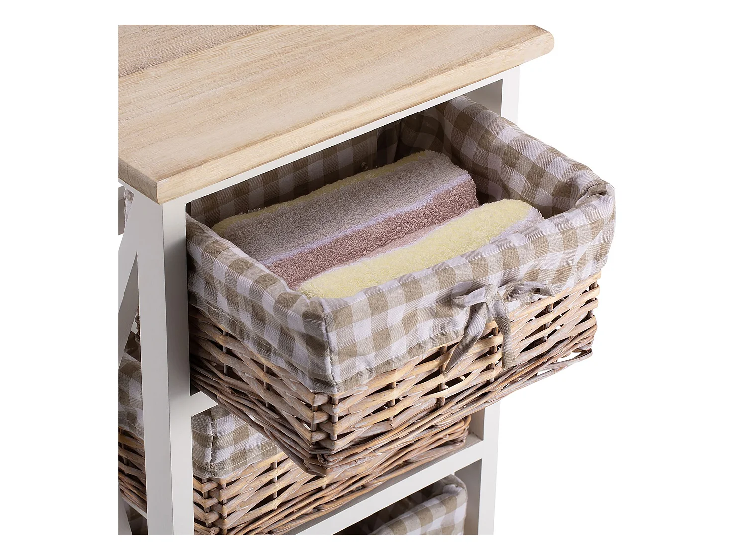 Table de chevet PERUGIA table de nuit 3 paniers en bois de paulownia style shabby chic vintage rustique campagnard blanc et brun