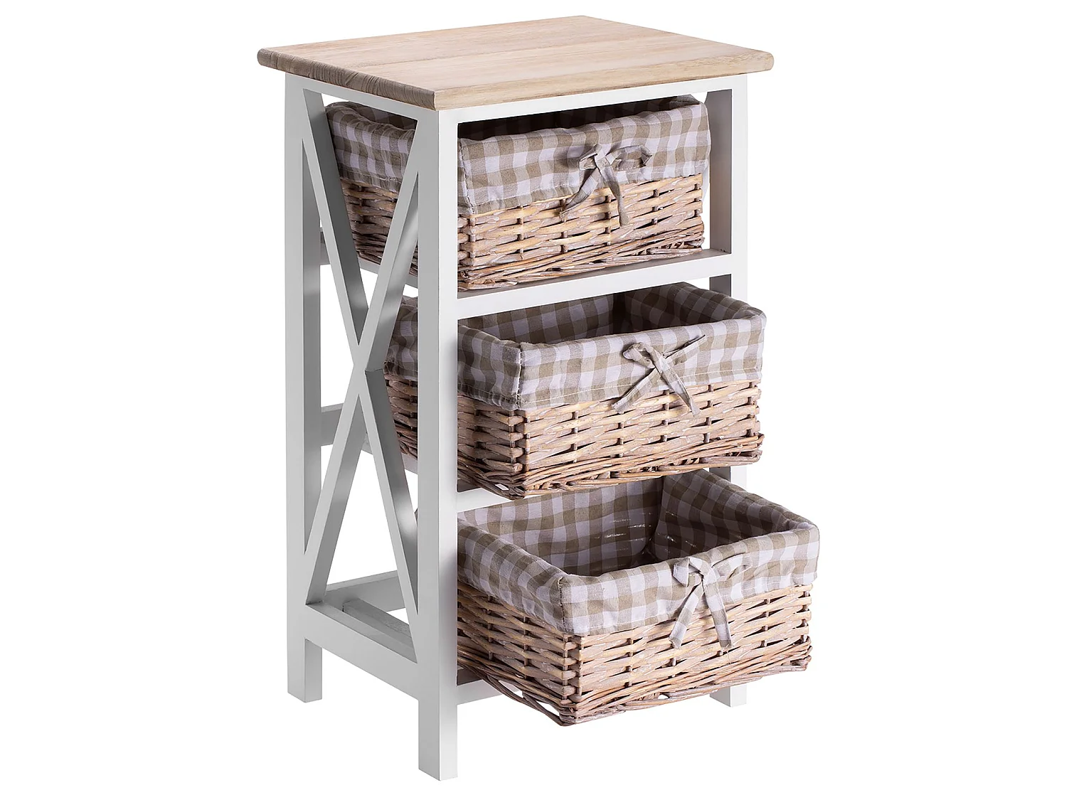 Table de chevet PERUGIA table de nuit 3 paniers en bois de paulownia style shabby chic vintage rustique campagnard blanc et brun