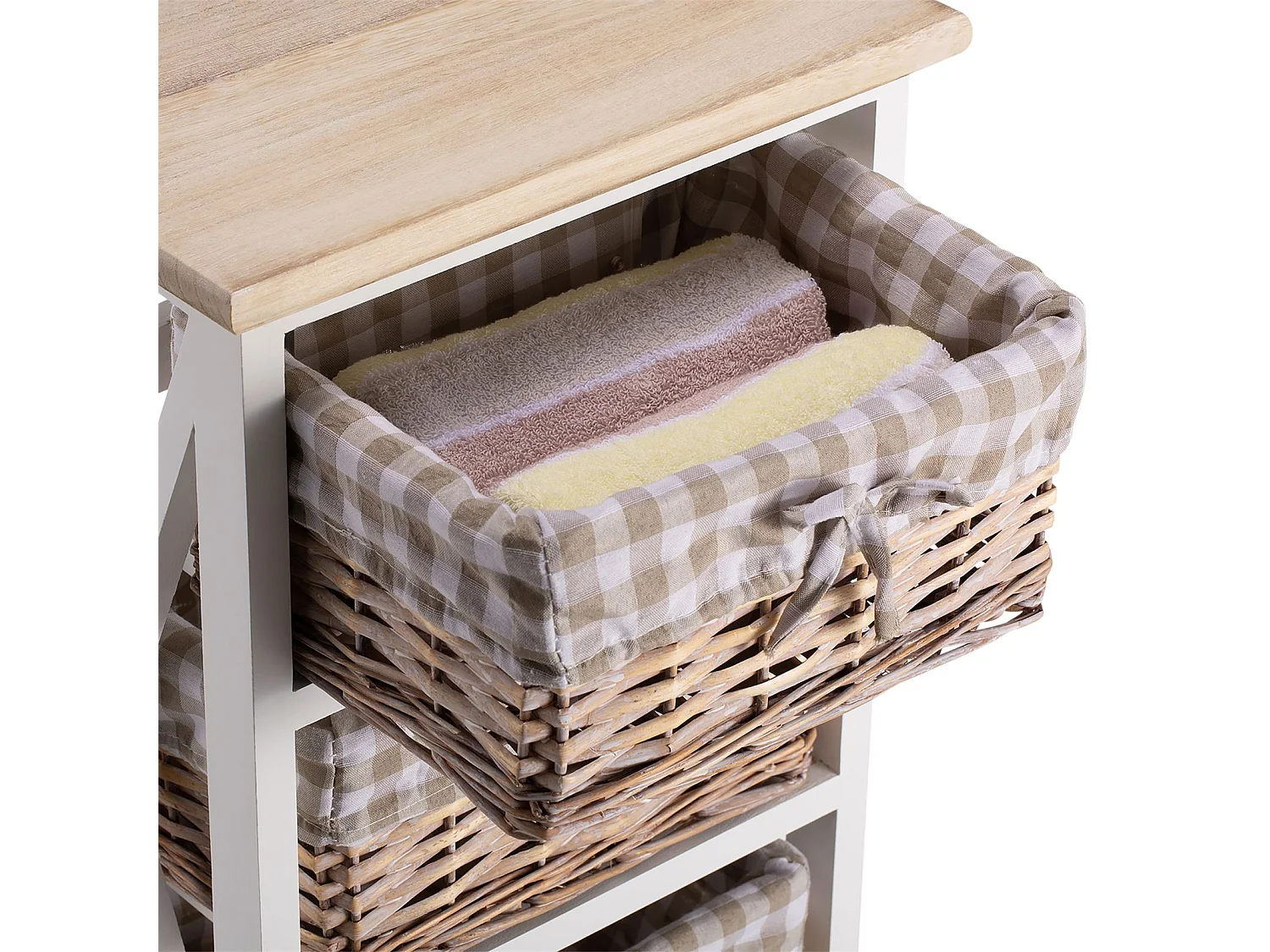 Table de chevet PERUGIA table de nuit 3 paniers en bois de paulownia style shabby chic vintage rustique campagnard blanc et brun