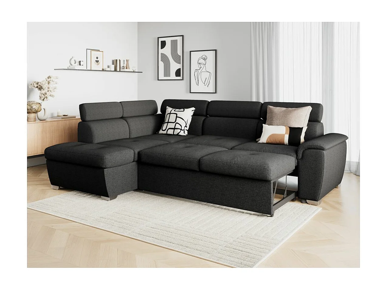 Canapé d'angle gauche convertible Paola 4 places avec coffre en tissu - Gris anthracite - L261 x P198 x H80cm - Loungitude