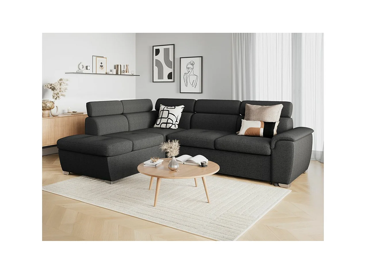 Canapé d'angle gauche convertible Paola 4 places avec coffre en tissu - Gris anthracite - L261 x P198 x H80cm - Loungitude