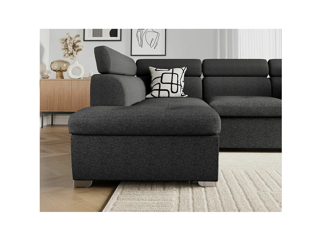 Canapé d'angle gauche convertible Paola 4 places avec coffre en tissu - Gris anthracite - L261 x P198 x H80cm - Loungitude