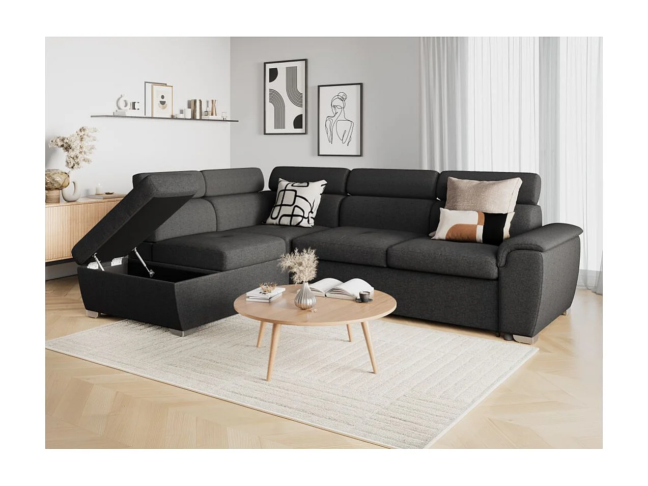 Canapé d'angle gauche convertible Paola 4 places avec coffre en tissu - Gris anthracite - L261 x P198 x H80cm - Loungitude