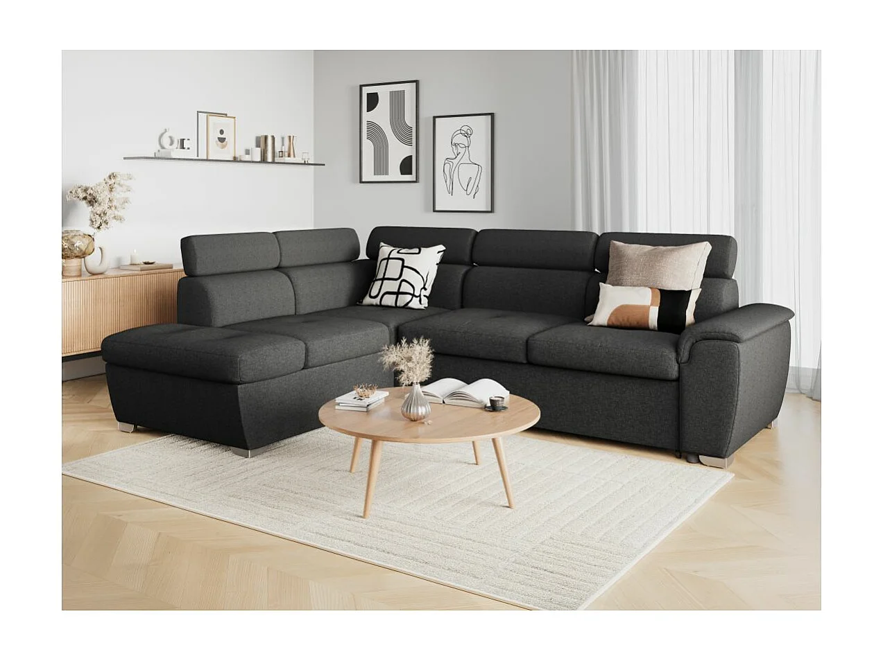 Canapé d'angle gauche convertible Paola 4 places avec coffre en tissu - Gris anthracite - L261 x P198 x H80cm - Loungitude