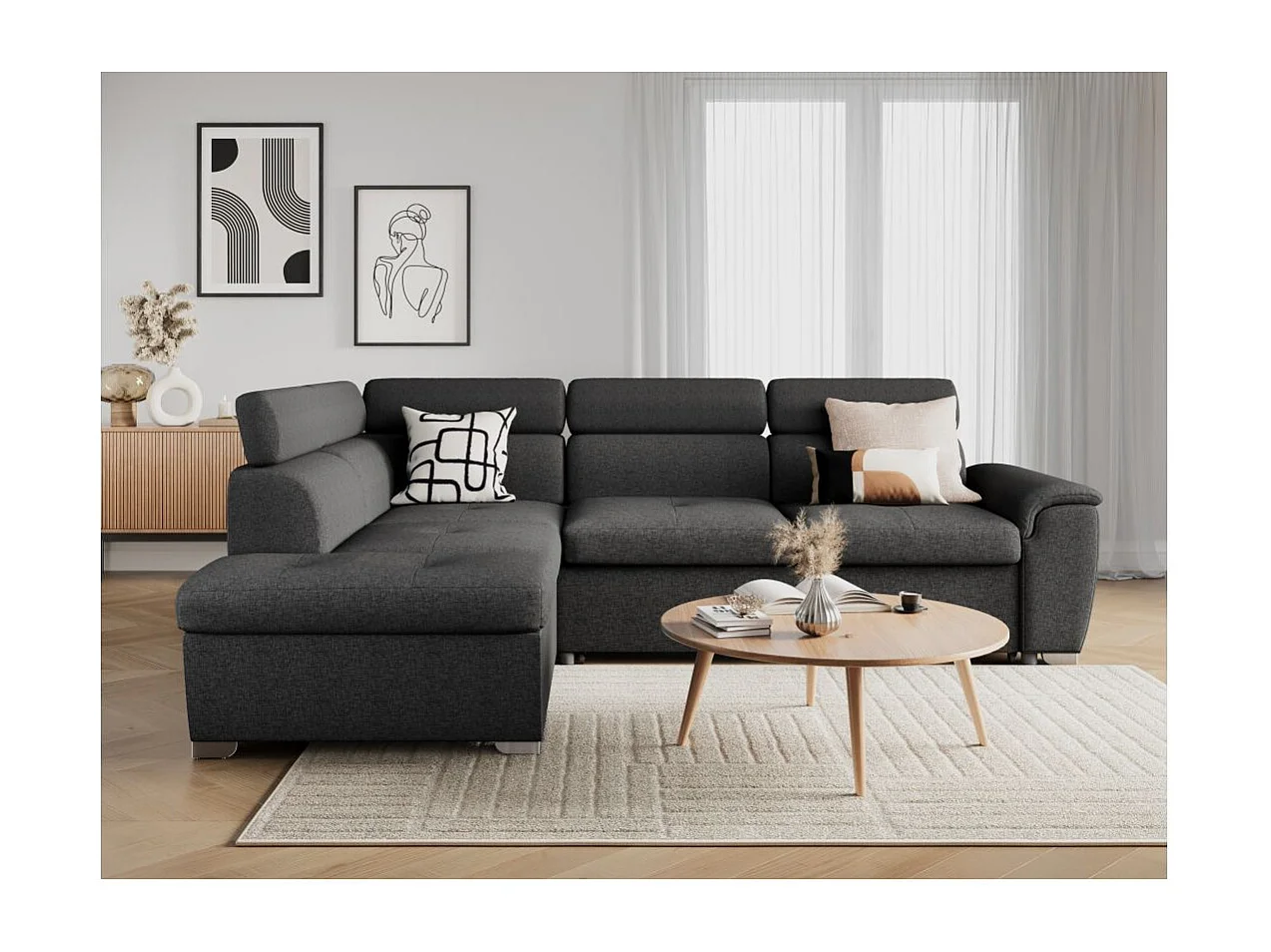 Canapé d'angle gauche convertible Paola 4 places avec coffre en tissu - Gris anthracite - L261 x P198 x H80cm - Loungitude