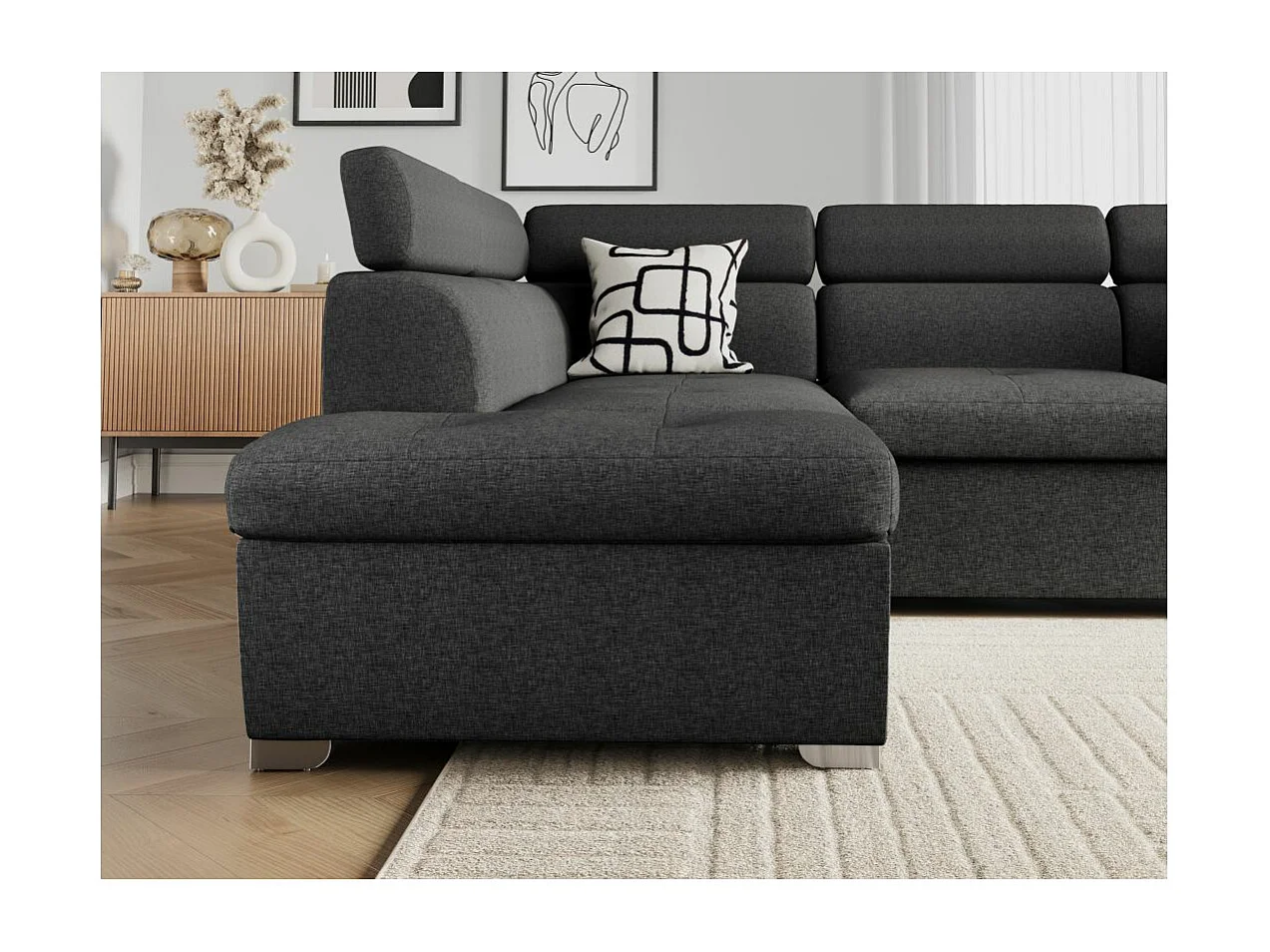 Canapé d'angle gauche convertible Paola 4 places avec coffre en tissu - Gris anthracite - L261 x P198 x H80cm - Loungitude
