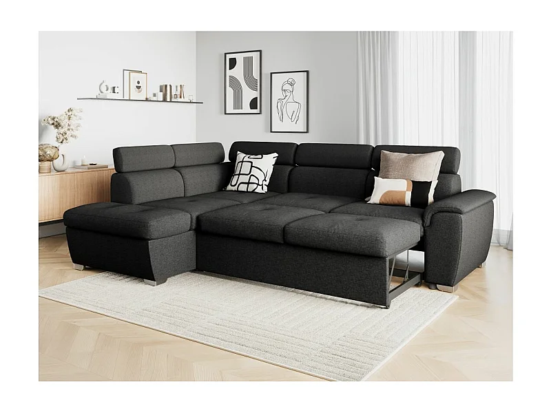 Canapé d'angle gauche convertible Paola 4 places avec coffre en tissu - Gris anthracite - L261 x P198 x H80cm - Loungitude