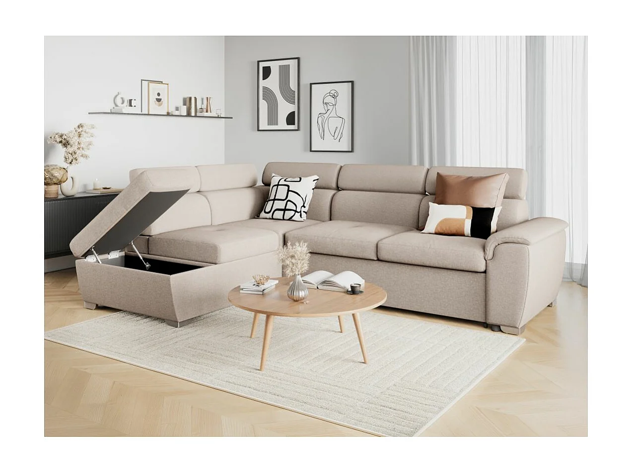 Canapé d'angle gauche convertible Paola 4 places avec coffre en tissu - Beige - L261 x P198 x H80cm - Loungitude