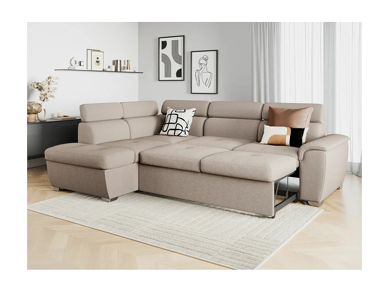 Canapé d'angle gauche convertible Paola 4 places avec coffre en tissu - Beige - L261 x P198 x H80cm - Loungitude