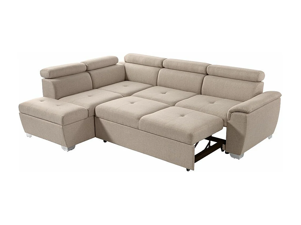 Canapé d'angle gauche convertible Paola 4 places avec coffre en tissu - Beige - L261 x P198 x H80cm - Loungitude
