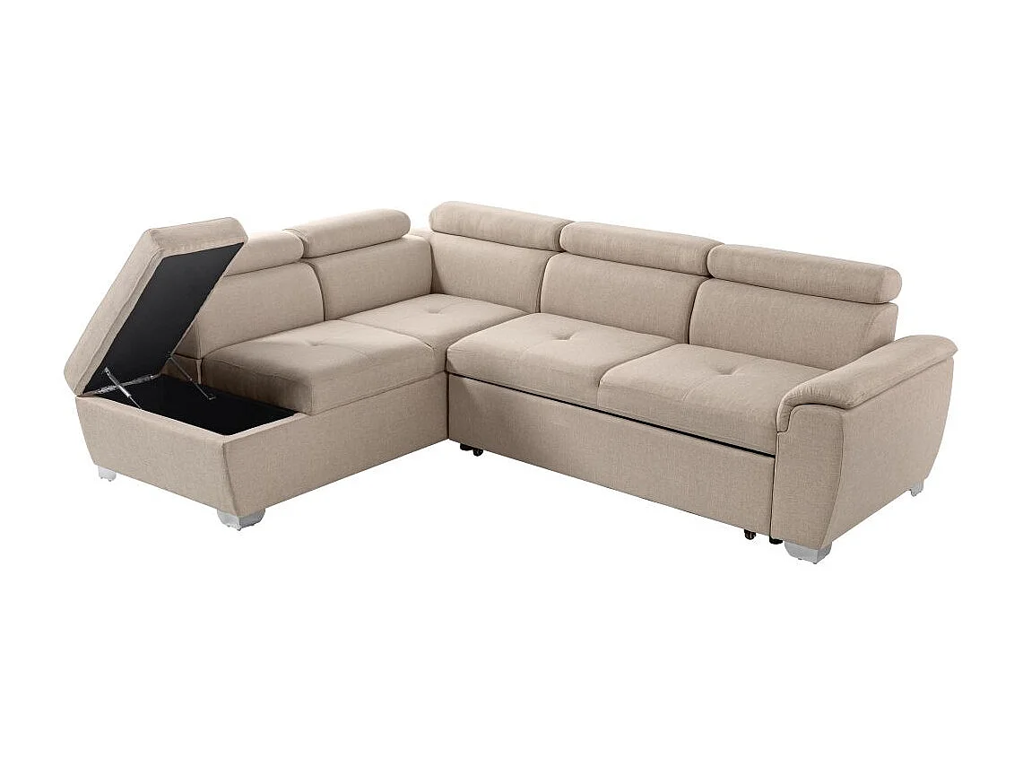 Canapé d'angle gauche convertible Paola 4 places avec coffre en tissu - Beige - L261 x P198 x H80cm - Loungitude