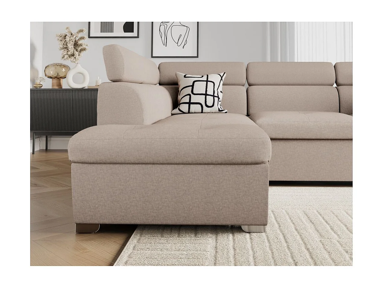 Canapé d'angle gauche convertible Paola 4 places avec coffre en tissu - Beige - L261 x P198 x H80cm - Loungitude