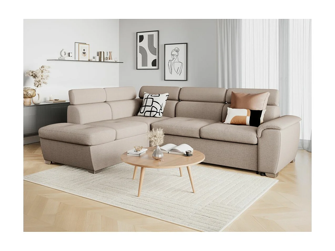 Canapé d'angle gauche convertible Paola 4 places avec coffre en tissu - Beige - L261 x P198 x H80cm - Loungitude